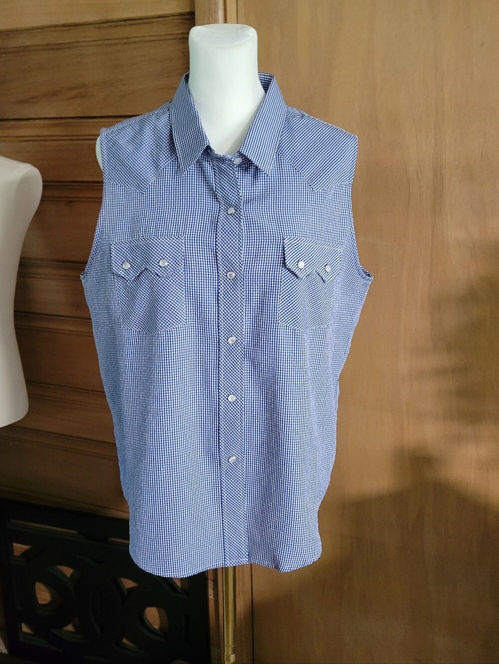 White House Sleeveless Blue Gingham Western Style Button-Up Shirt